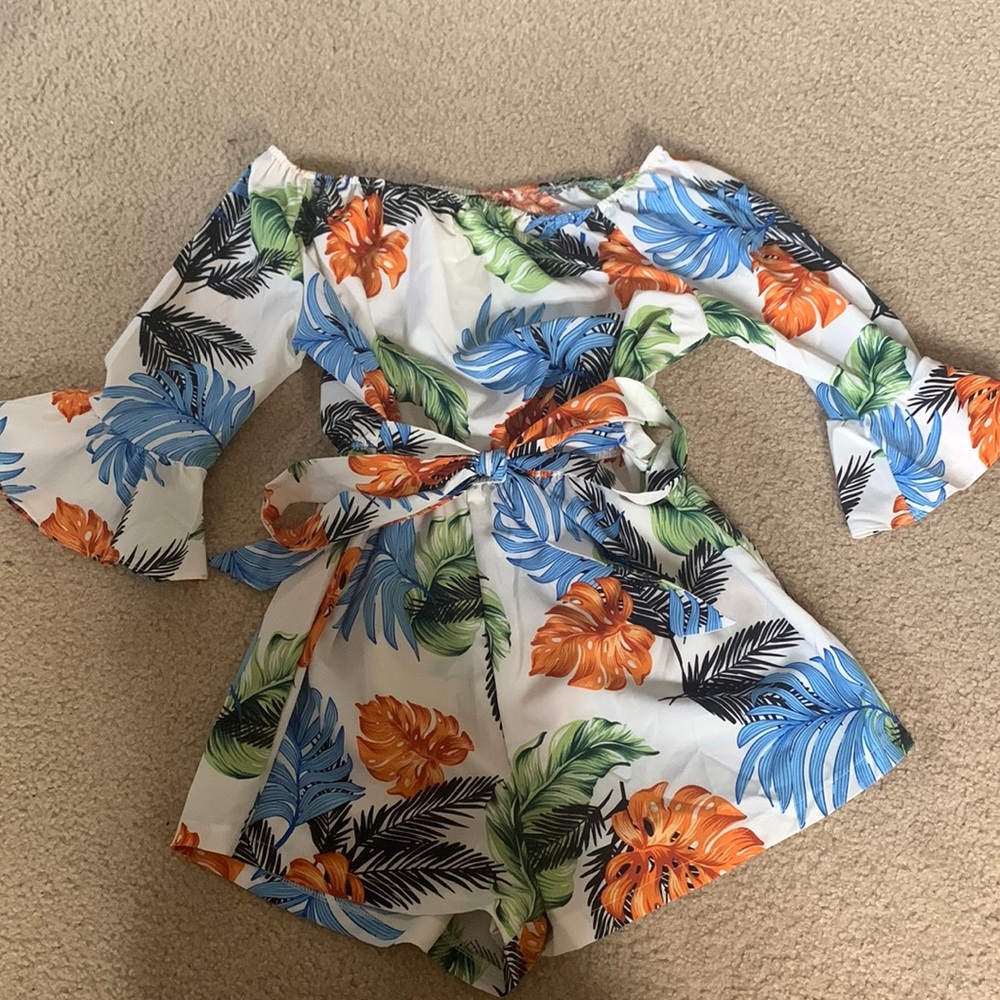 SHEIN Tropical Print Belted Bardot Romper